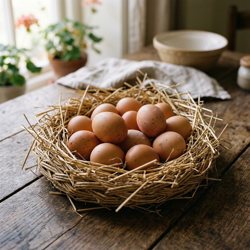 Brown eggs nestled in a straw nest on a wooden table