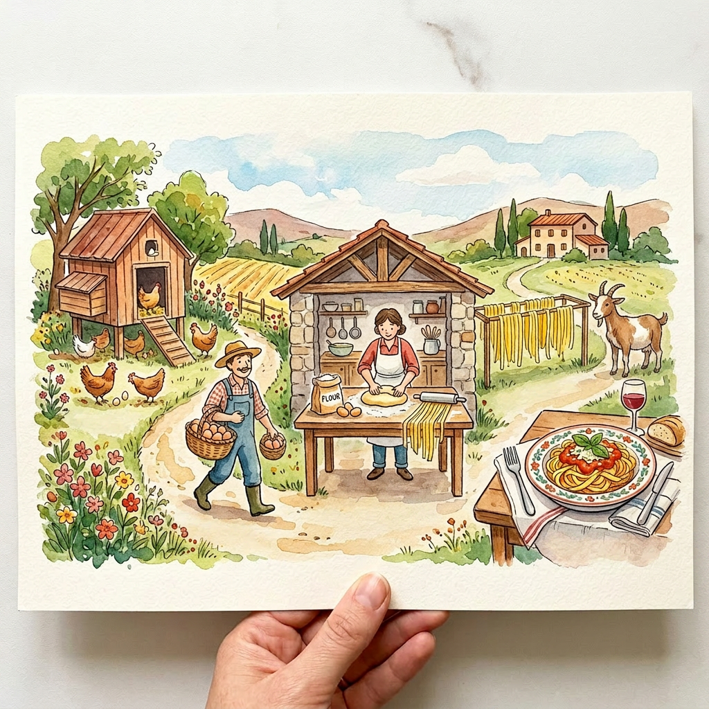 Farm scene with coop, egg harvest, woman making pasta, pasta drying, and a plate of pasta meal